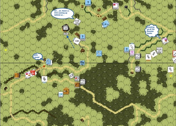 011 Turn 6 Russian DF KV2 moved up German shot up trucks-proc